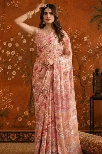 Peach mirror work satin saree