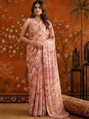 Peach mirror work satin saree 4