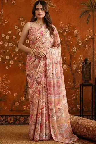Peach mirror work satin saree