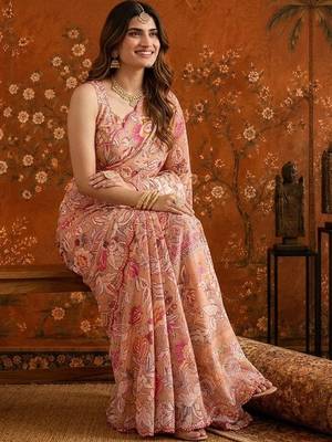 Peach mirror work satin saree 5