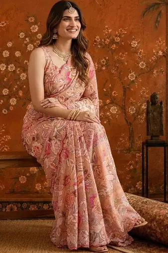 Peach mirror work satin saree