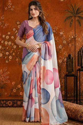 Multicolor colourblocked mirror work satin saree