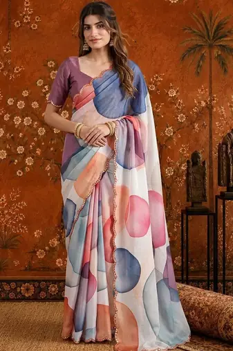 Multicolor colourblocked mirror work satin saree