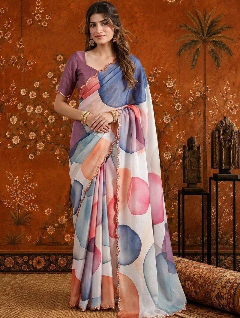 Multicolor colourblocked mirror work satin saree