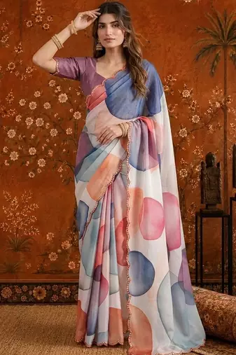 Multicolor colourblocked mirror work satin saree