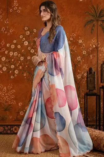 Multicolor colourblocked mirror work satin saree