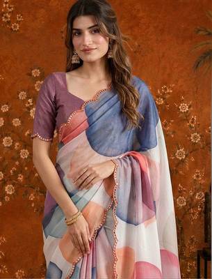 Multicolor colourblocked mirror work satin saree 4
