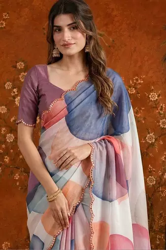 Multicolor colourblocked mirror work satin saree