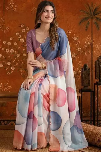 Multicolor colourblocked mirror work satin saree