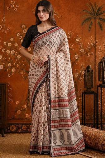 Beige floral beads and stones satin saree