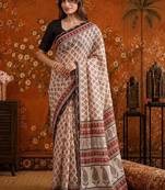 Beige floral beads and stones satin saree