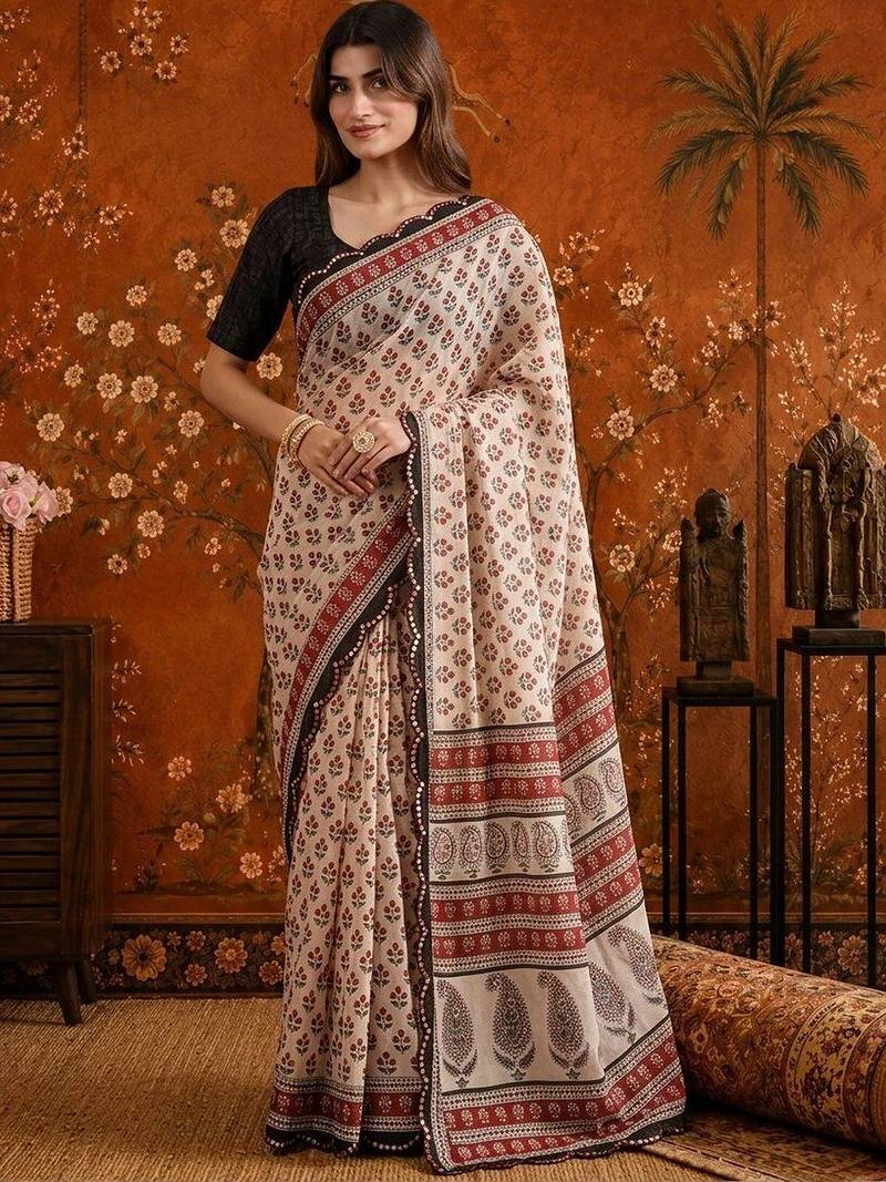 Beige floral beads and stones satin saree