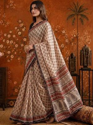 Beige floral beads and stones satin saree 2