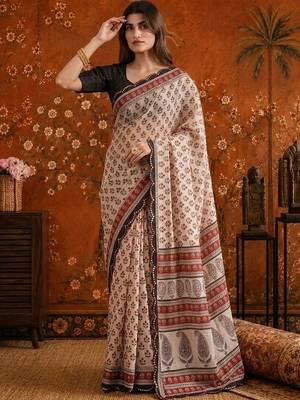 Beige floral beads and stones satin saree 3