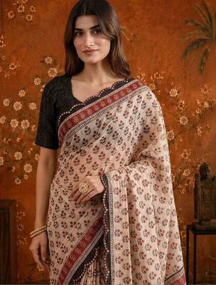 Beige floral beads and stones satin saree 4