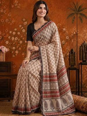 Beige floral beads and stones satin saree 5