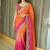 Orange ethnic motifs embroidered satin heavy work saree
