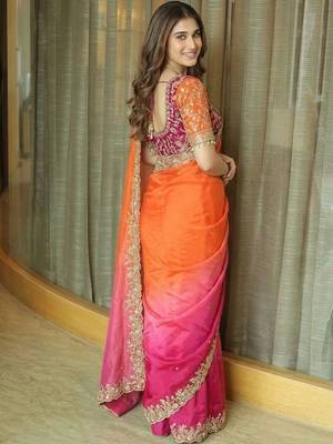 Orange ethnic motifs embroidered satin heavy work saree 2