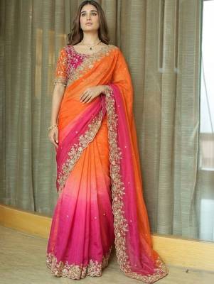Orange ethnic motifs embroidered satin heavy work saree 3