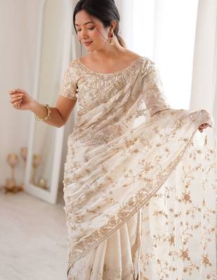 Off white embellished sequinned tissue designer saree 1
