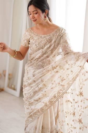 Off white embellished sequinned tissue designer saree