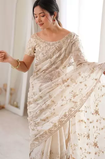 Off white embellished sequinned tissue designer saree