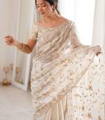 Off white embellished sequinned tissue designer saree