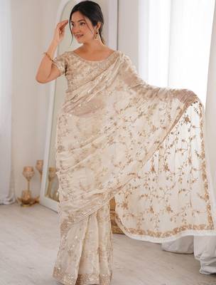 Off white embellished sequinned tissue designer saree 2