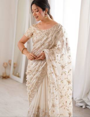 Off white embellished sequinned tissue designer saree 3