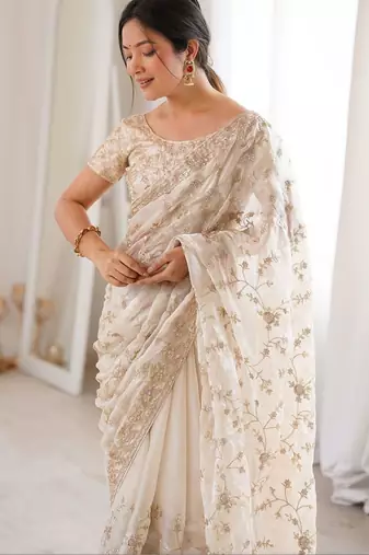 Off white embellished sequinned tissue designer saree