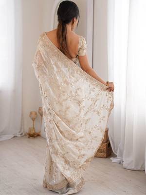 Off white embellished sequinned tissue designer saree 4