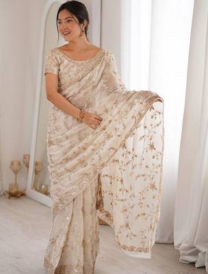 Off white embellished sequinned tissue designer saree 5