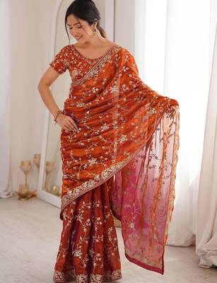 Orange embellished embroidered tissue designer saree 1
