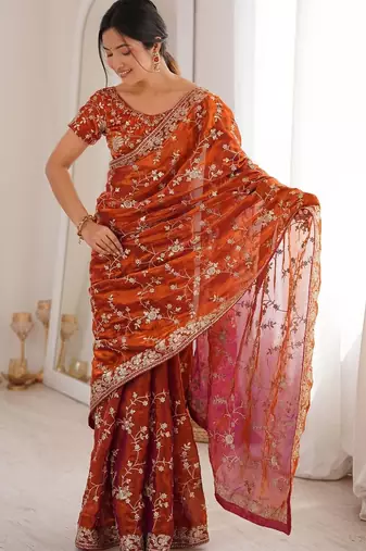 Orange embellished embroidered tissue designer saree