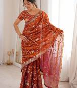Orange embellished embroidered tissue designer saree