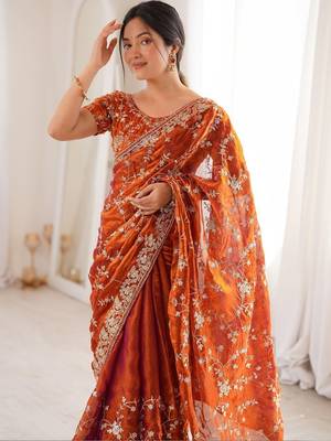 Orange embellished embroidered tissue designer saree 2