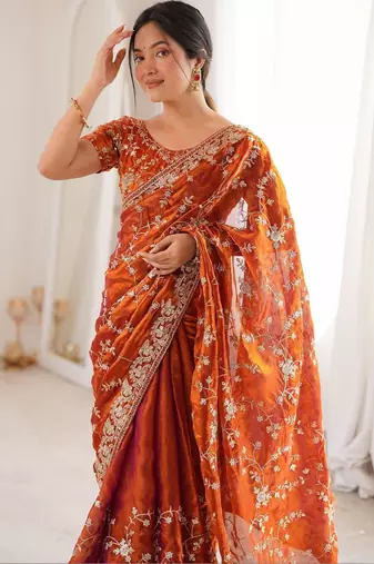 Orange embellished embroidered tissue designer saree