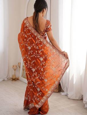 Orange embellished embroidered tissue designer saree 3