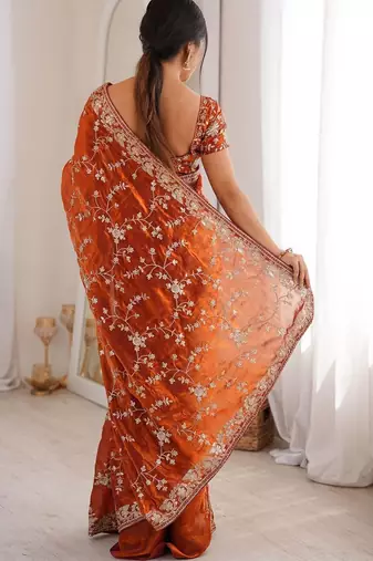 Orange embellished embroidered tissue designer saree