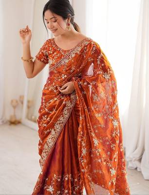 Orange embellished embroidered tissue designer saree 4