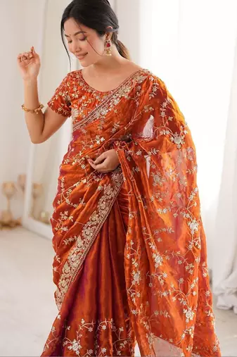 Orange embellished embroidered tissue designer saree