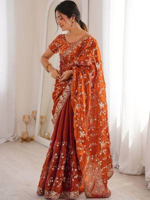 Orange embellished embroidered tissue designer saree 5