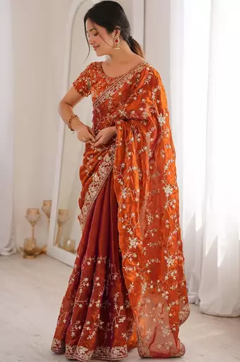 Orange embellished embroidered tissue designer saree