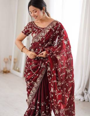 Maroon embellished zari tissue designer saree 1