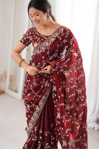 Maroon embellished zari tissue designer saree