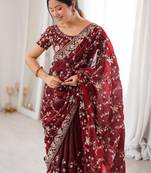 Maroon embellished zari tissue designer saree