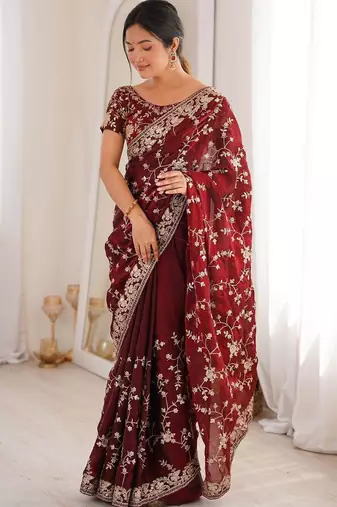 Maroon embellished zari tissue designer saree