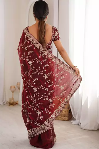 Maroon embellished zari tissue designer saree