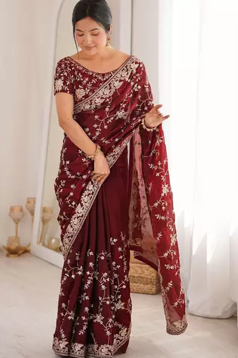 Maroon embellished zari tissue designer saree