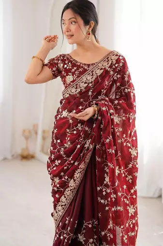 Maroon embellished zari tissue designer saree